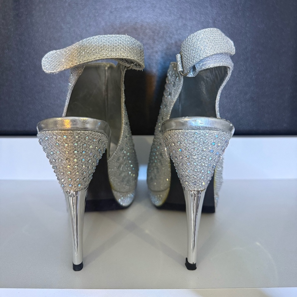 Silver Rhinestone Peep-Toe Platform Heels - Picture 2 of 4